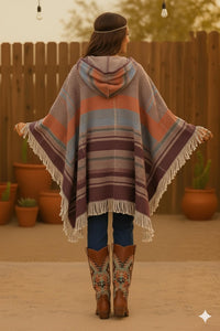 Little Secret Of Mine - Boho Chic Long Sleeve V-neck Hooded Plaid Pullover Poncho