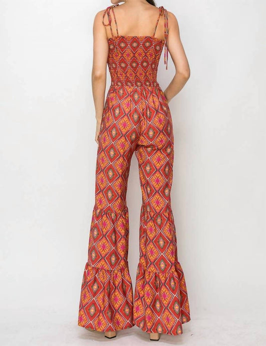 Wisteria Lane - Boho Print Smocked Flared Jumpsuit