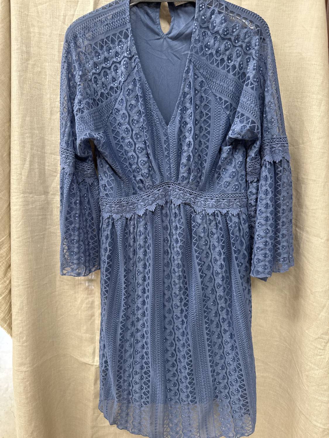 Origami Women's Lacy Bell Sleeve Dress in slate blue - women's dress