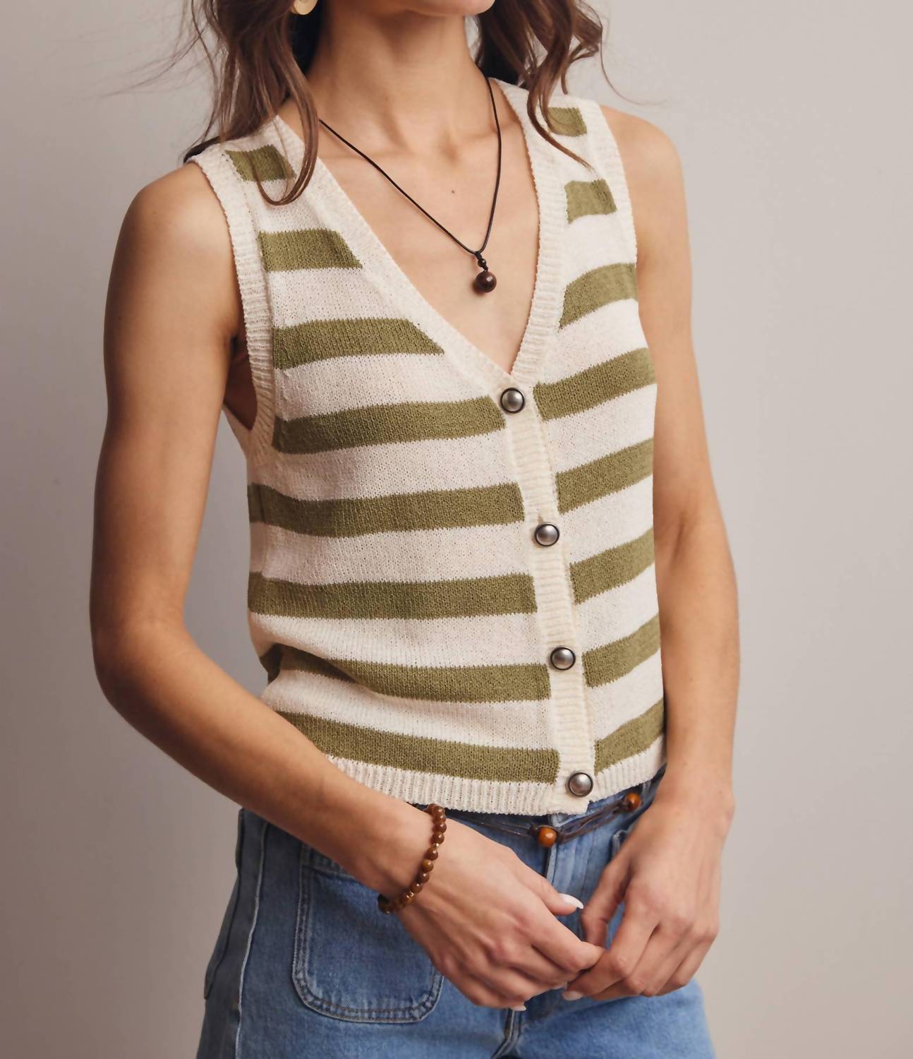 Forte Striped Button-front Knit Vest Top in sage - women's tank top - view 4