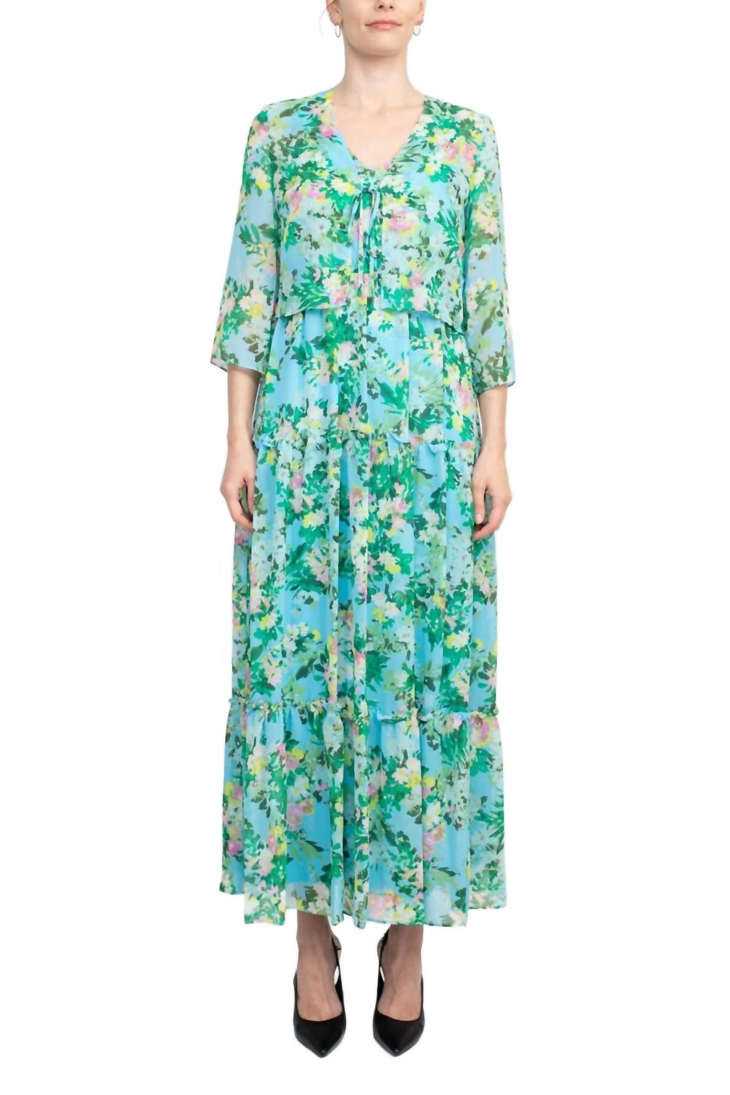 Maison Tara - V Neck 3/4 Sleeve Floral Midi Dress With Matching Chiffon Jacket Set