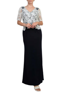 Adrianna Papell - V-neck Short Sleeve Embroidered Crepe Dress