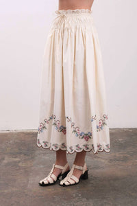 Moon River - Embroidered Eyelet Floral Hem Midi Skirt