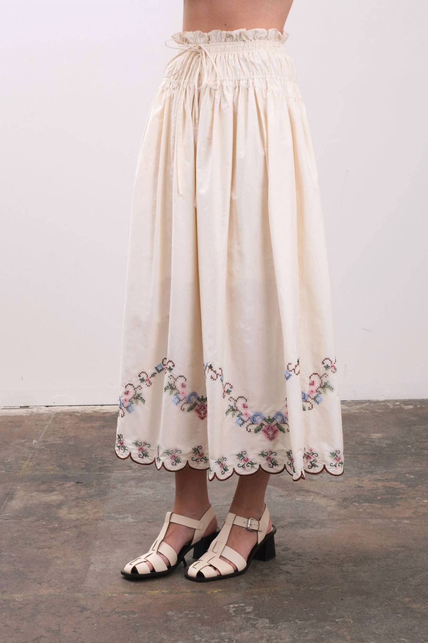 Moon River - Embroidered Eyelet Floral Hem Midi Skirt
