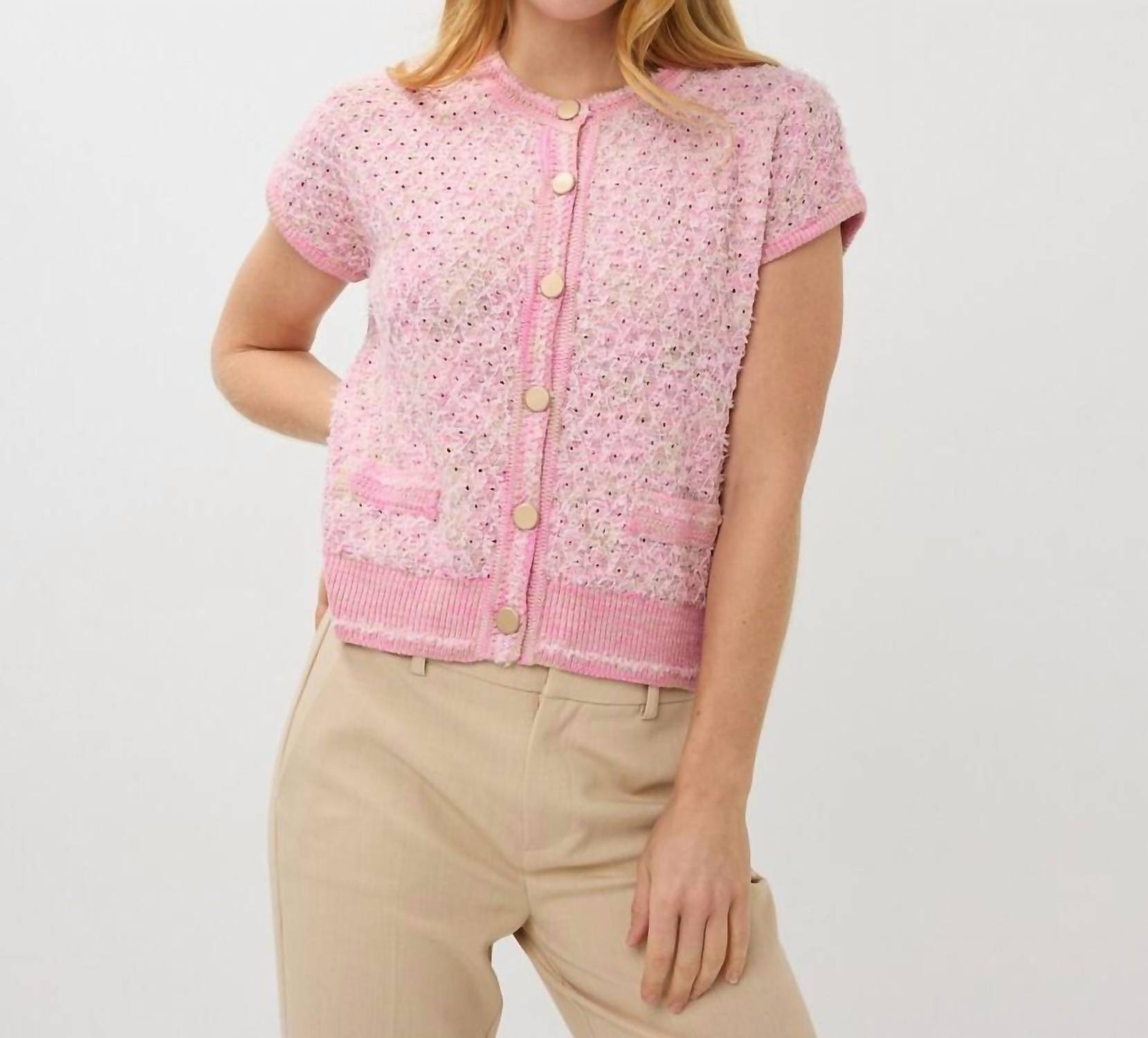 ESQUALO Fie Fancy Knit Short Sleeve Cardigan in rose - women's cardigan