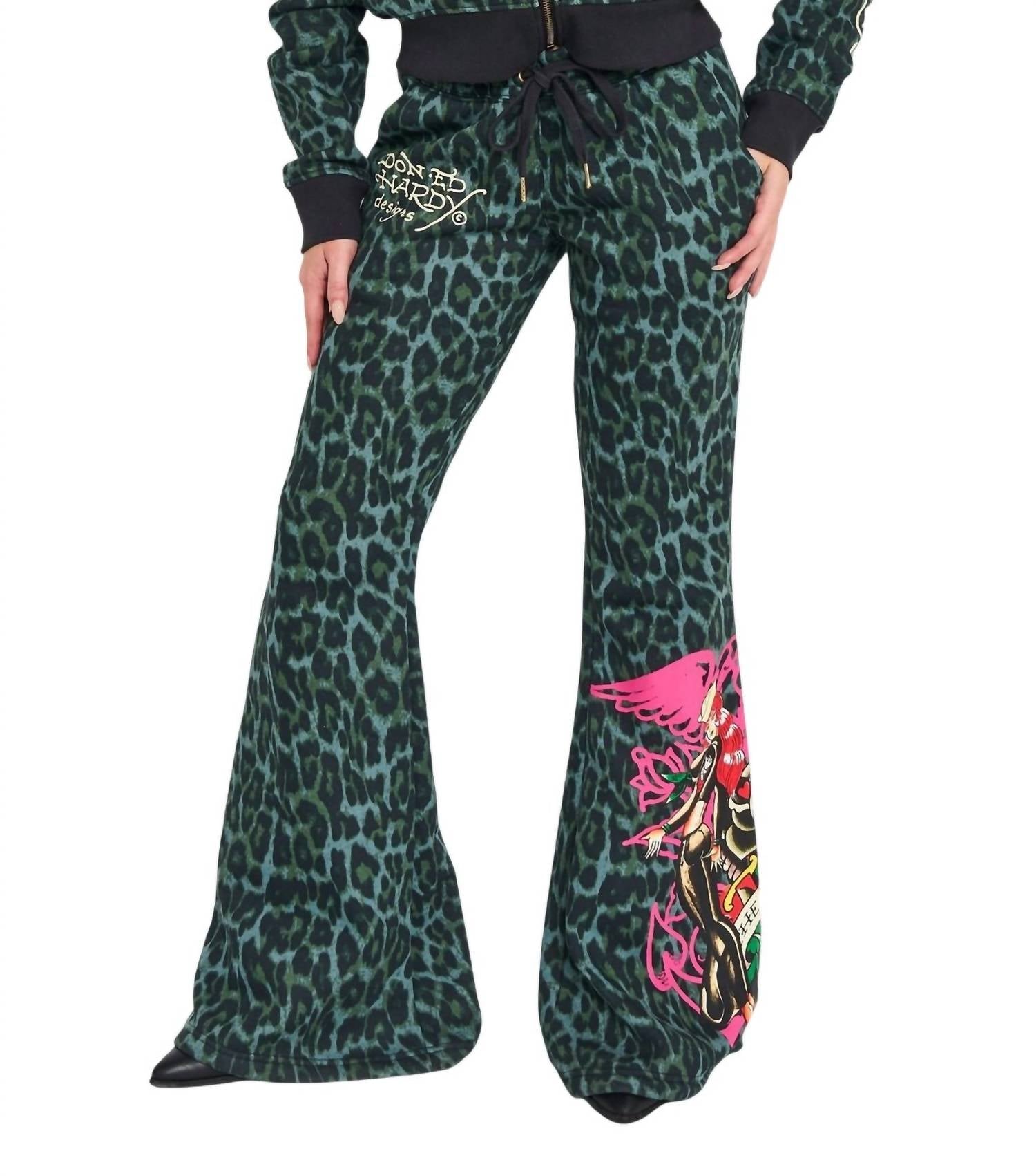 Ed Hardy Anchor Rose Bootcut Sweatpants in green leopard - women's pants - view 4