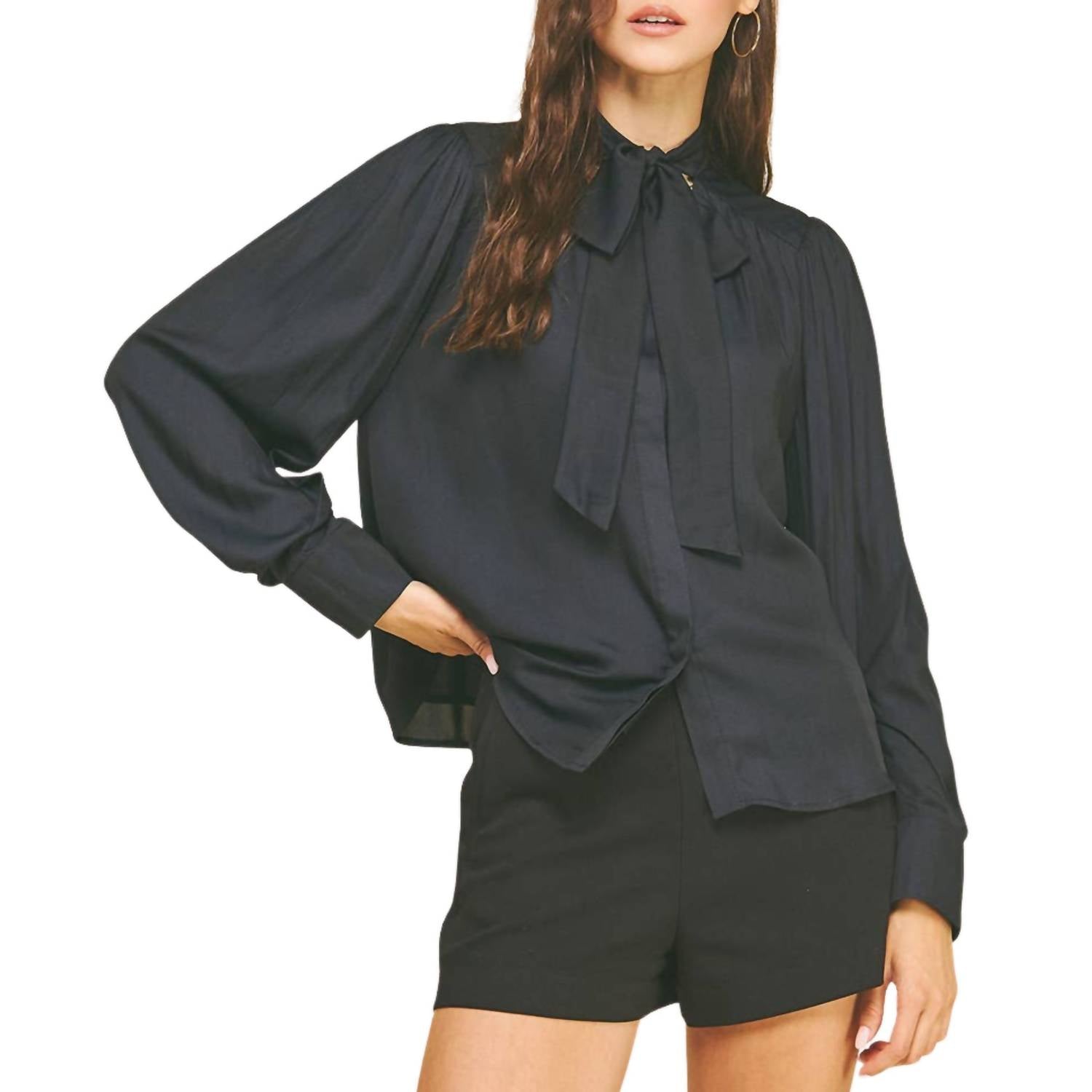 PINCH Button Down Shirt With Tie Neck in ink - women's blouse - detail view