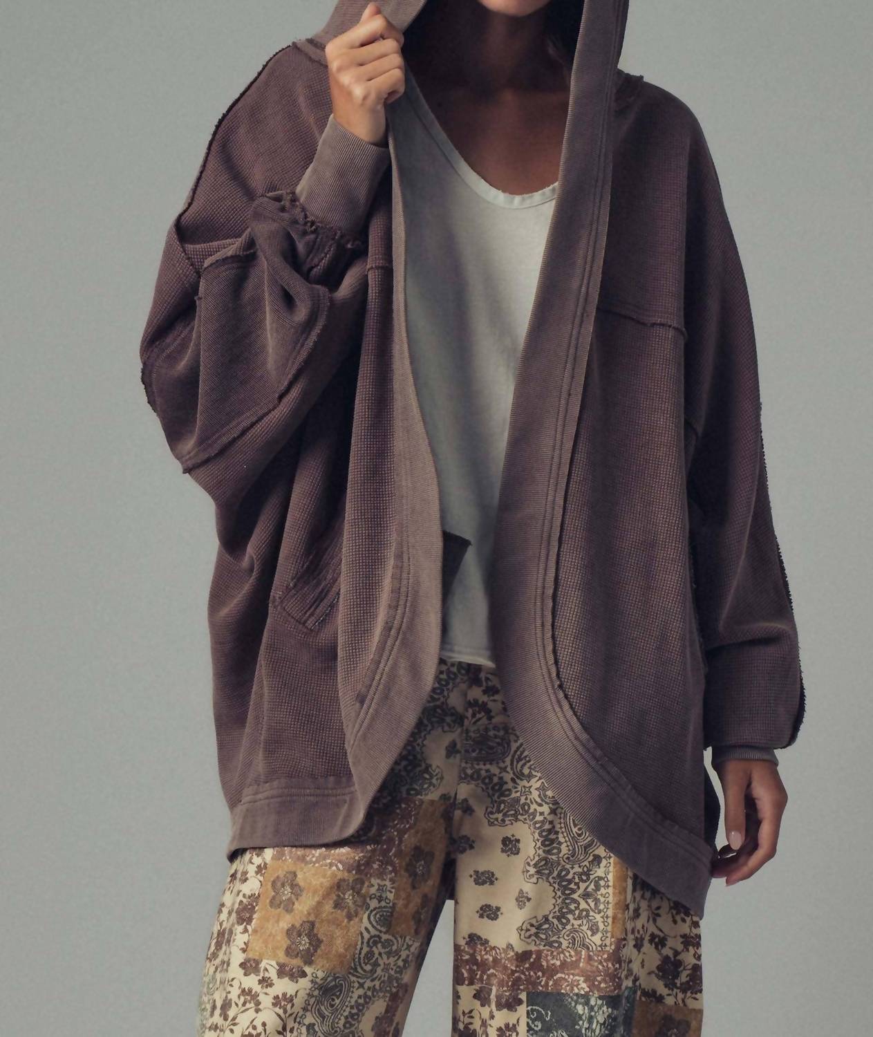 Urban Daizy - Washed Waffle Knit Hooded Cardigan