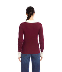 Karen Kane Contrast Ribbed Polo Sweater in wine with cream - women's sweater - alternate view