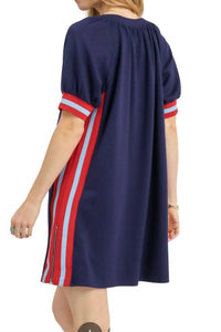 umgee Luxeknit Puff Sleeve Varsity Trim Dress in navy - women's dress - detail view