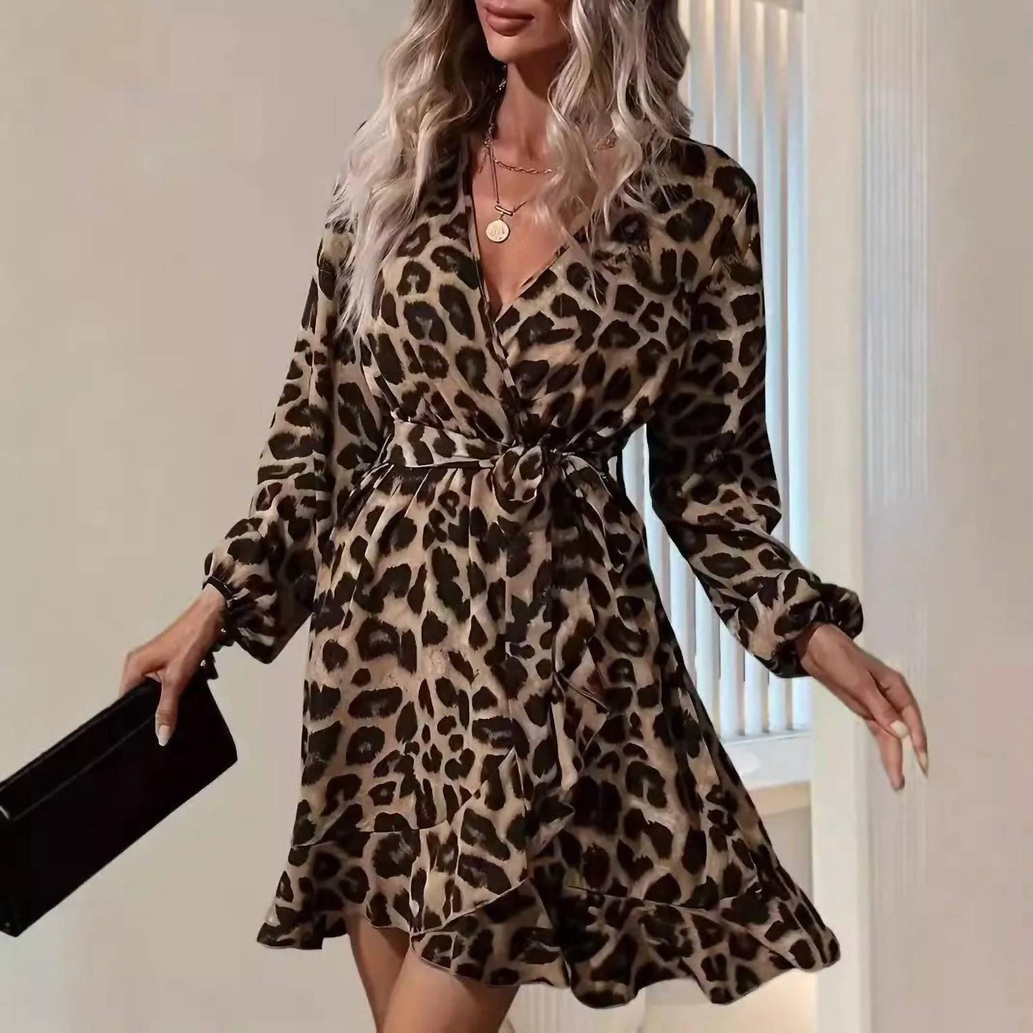 Masyal - Lauryn Print V-neck High-waist Asymmetrical Dress