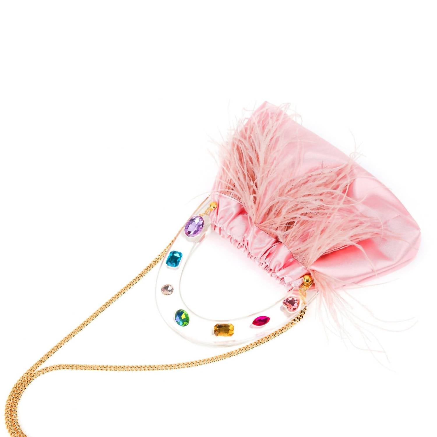 Milanblocks - Women's Colorful Gem Handle Embellished Feather Bag