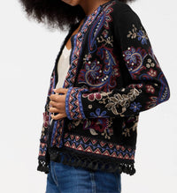 Johnny Was MONTANNA KATIUSKA SHORT FRINGE JACKET in black - women's jacket - detail view