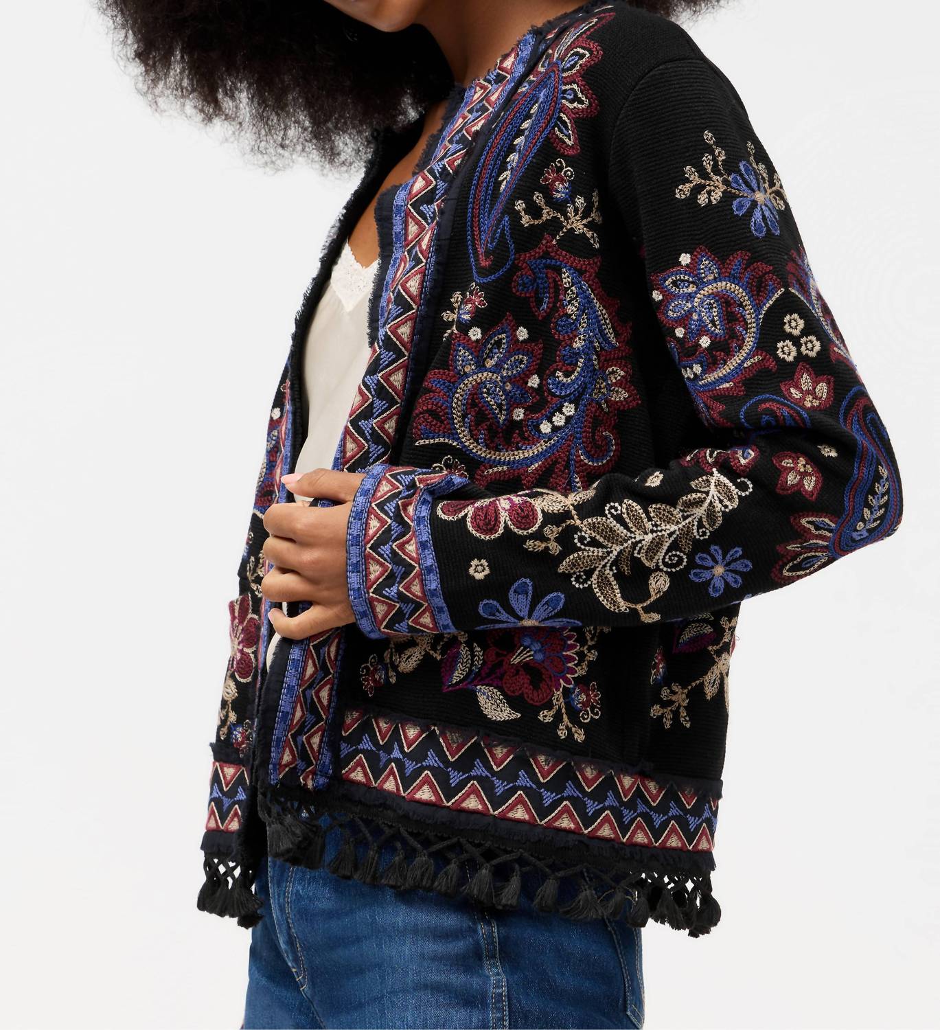 Johnny Was MONTANNA KATIUSKA SHORT FRINGE JACKET in black - women's jacket - detail view