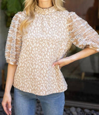 Voy - Lace Half Puff Sleeve Animal Print Top