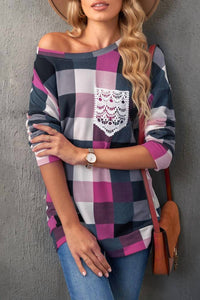 Shiying Fashion - Plaid Print Lace Pocket Top
