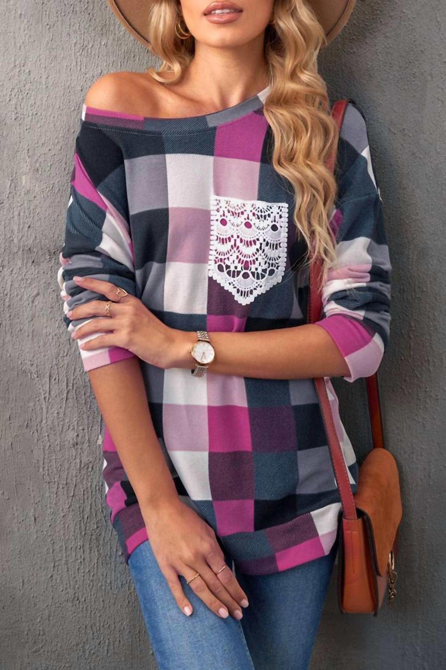Shiying Fashion - Plaid Print Lace Pocket Top