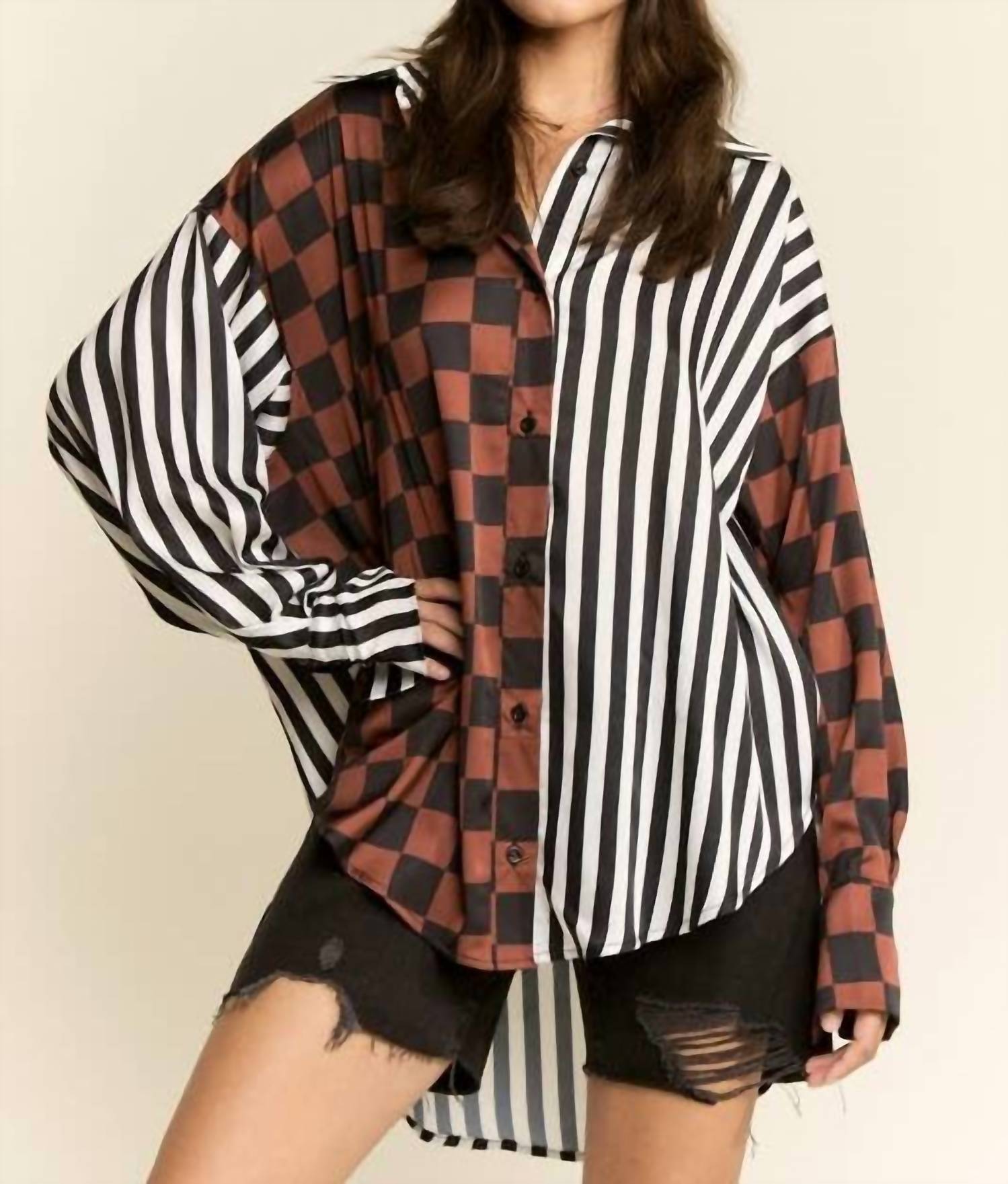 Jade By Jane - Split Decision Checker-stripe Blouse - Plus