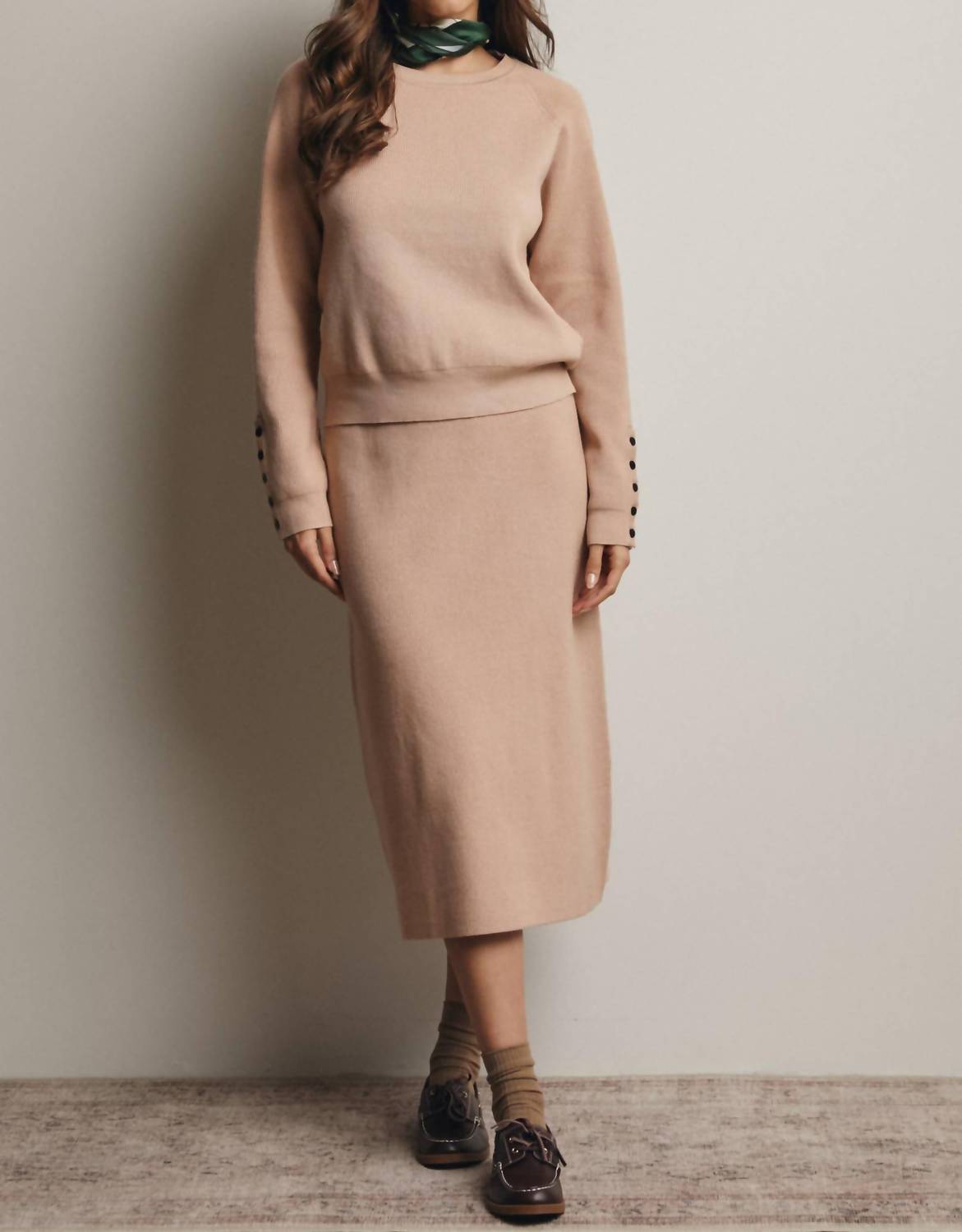 Forte - Ribbed Cuff Sweater & Midi Skirt Knit Set