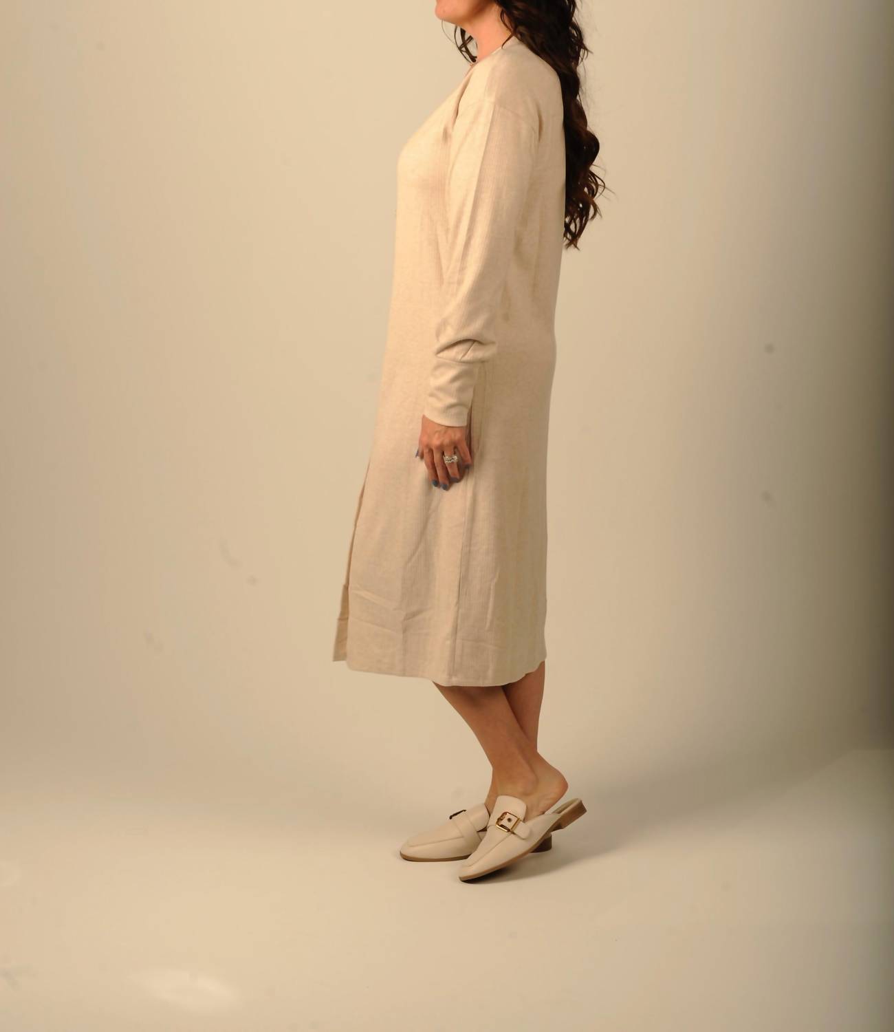 Doe and Rae Oat And Honey Button Down Midi Dress in beige - women's dress - detail view