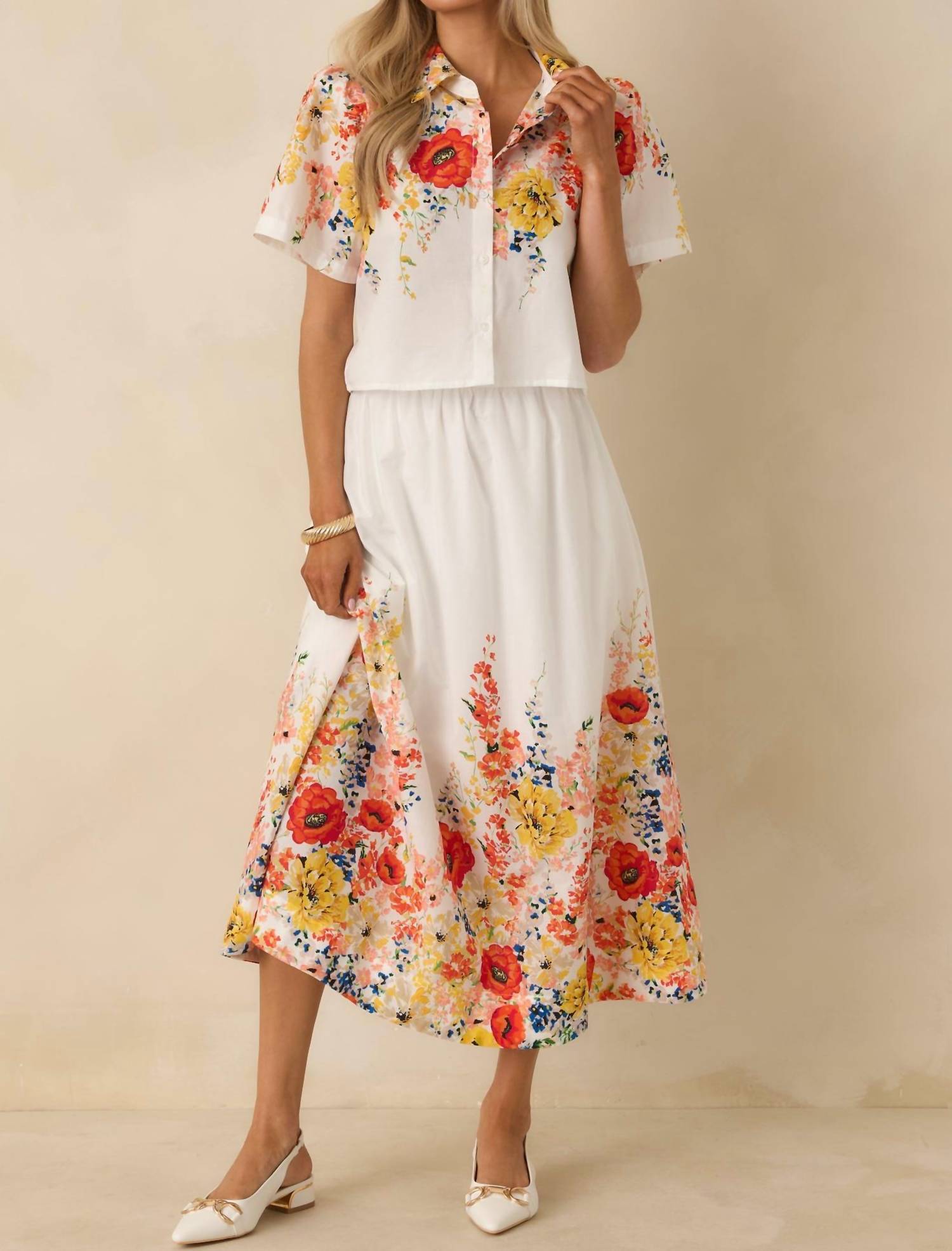 Entro - Floral Button Up Top With Skirt Set