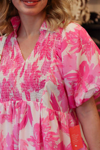 Jodifl FLORAL COLLAR PUFF SLEEVE MINI DRESS in pink - women's dress - detail view