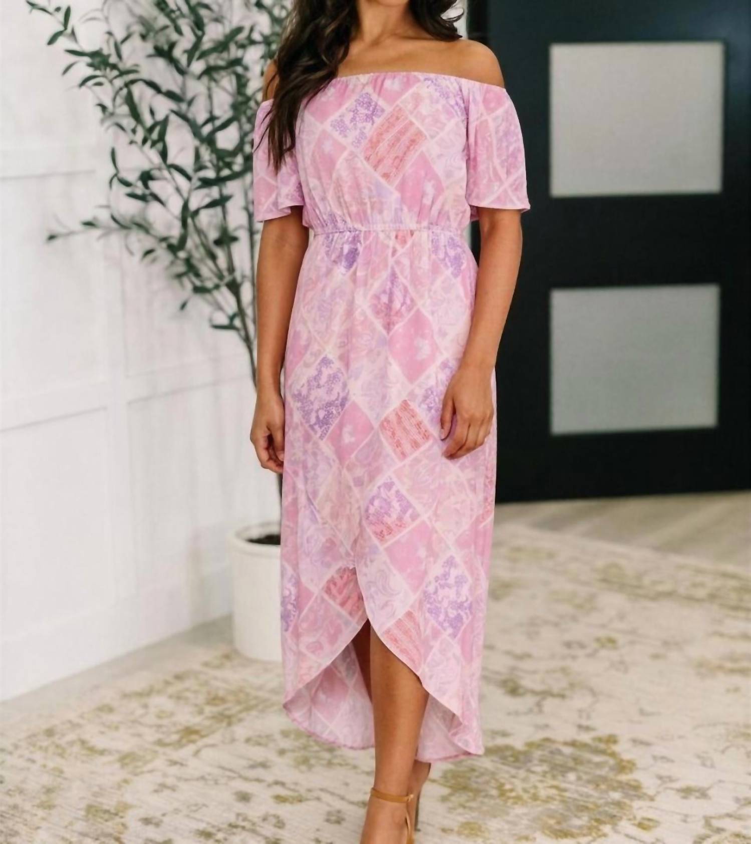 ANDREE BY UNIT Feminine Floral Off The Shoulder Midi Dress in pink - women's dress