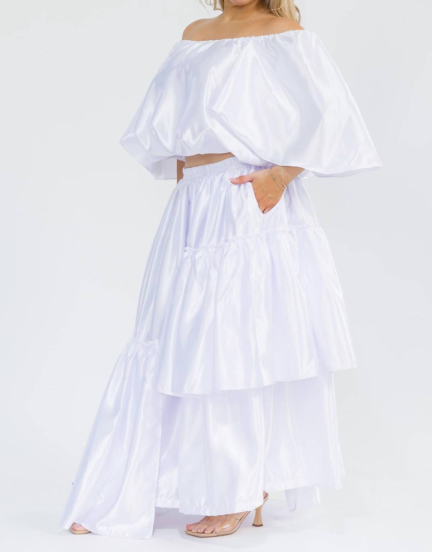 Karen T Design - Off Shoulders Crop Top And Asymmetric Ruffled Skirt Set