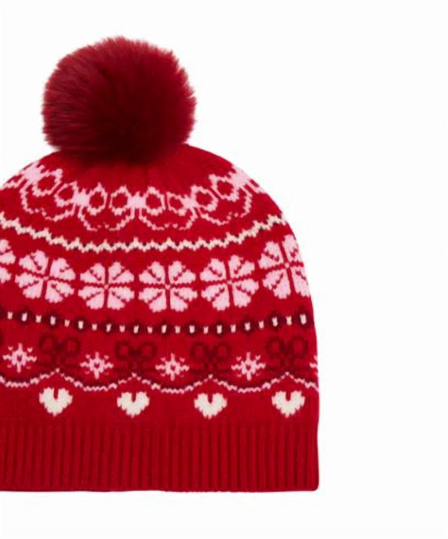 LoveShackFancy Women's Sanibel Wool Fair Isle Beanie in red velvet truffle - women's hat - detail view