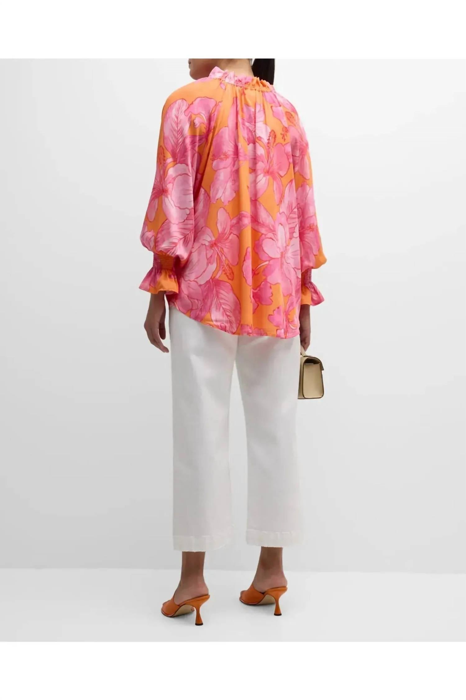 Finley Candace Floral Blouson Sleeve Top in royal hawaiian orange pink - women's blouse - view 7