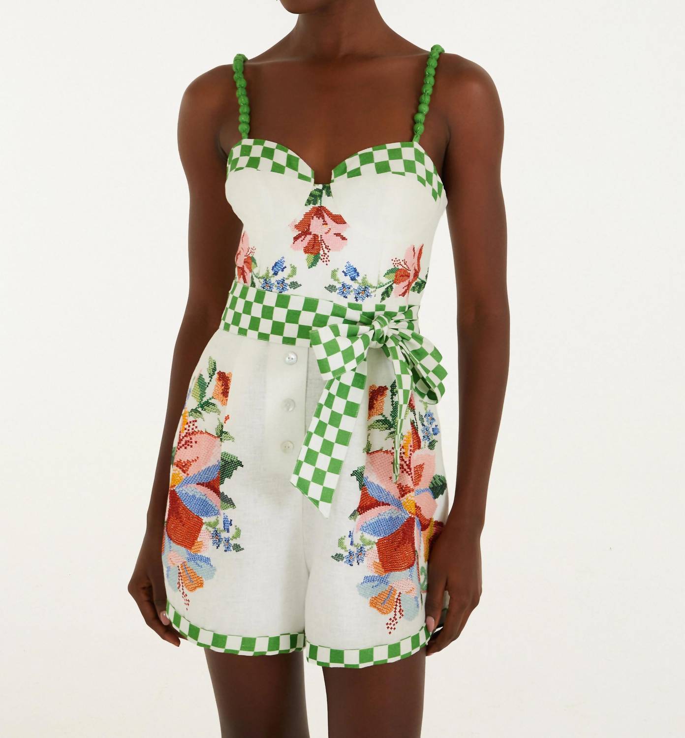 Farm Rio - Calm Breeze Beaded Straps Belted Romper