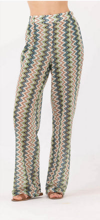 sundays Zig Zag Print Mid Rise Wide Leg Pant in green - women's pants
