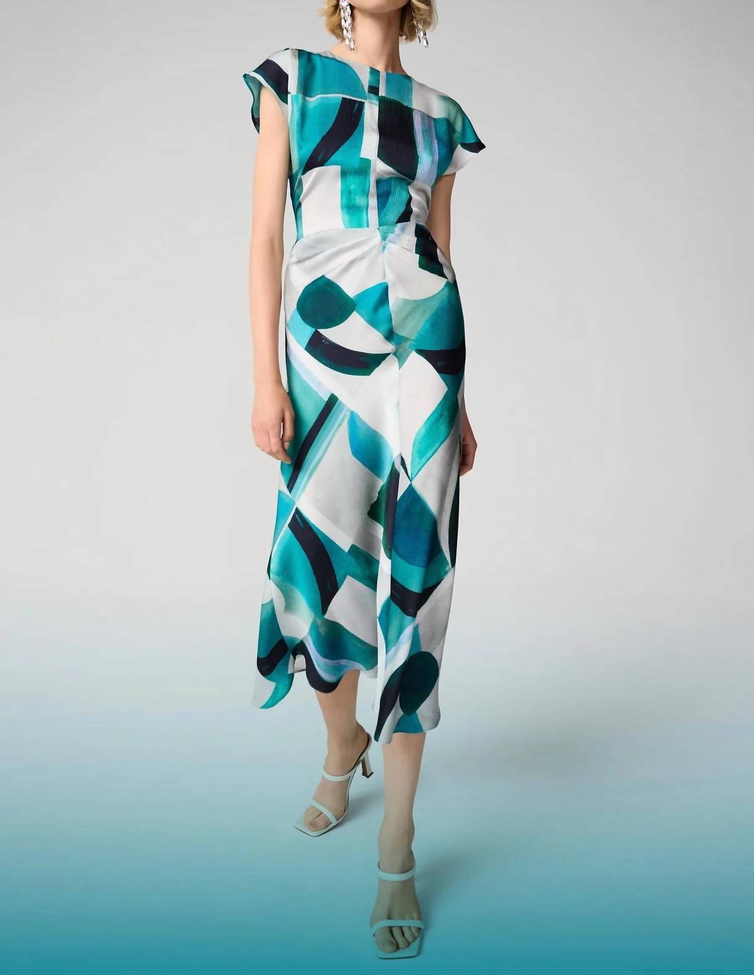 Joseph Ribkoff Textured Satin Geometric Dress in green multi - women's dress - detail view