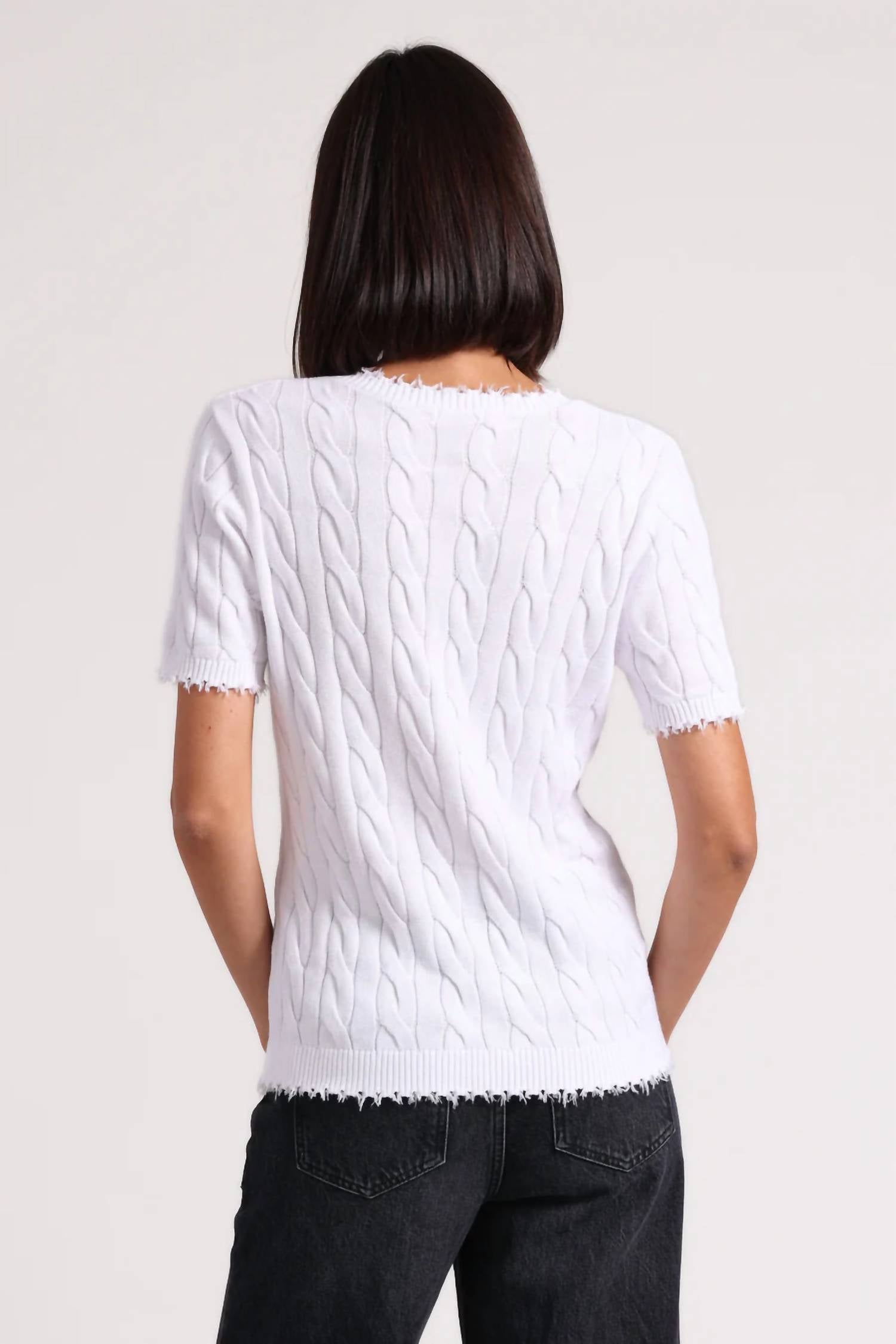 Minnie Rose - Cotton Frayed Cable V-Neck Tee