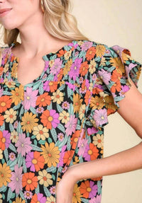 Umgee - Smocked Ruffle Sleeve Floral Top