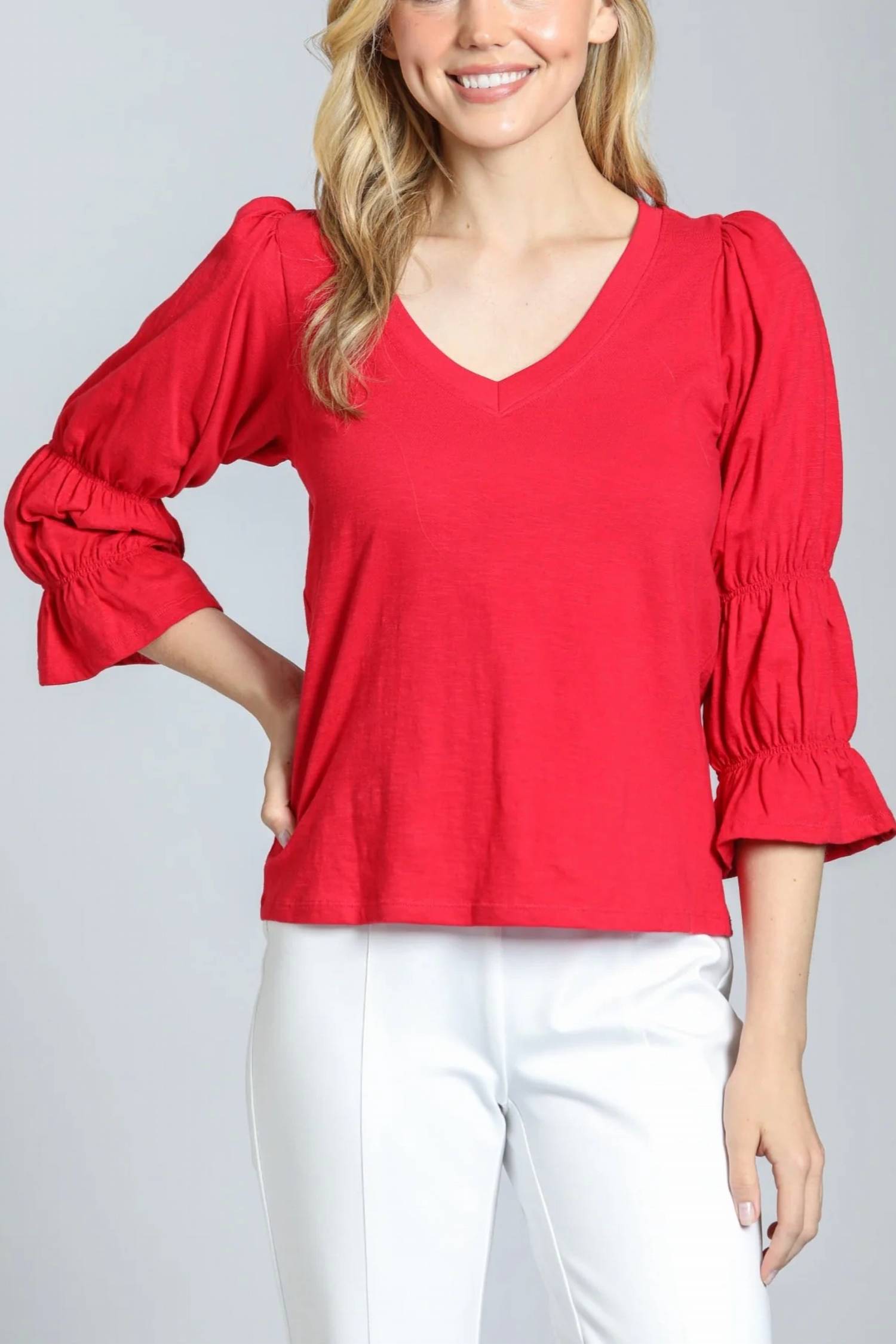 APNY V Neck Renaissance Sleeve Blouse in rocco red - women's blouse