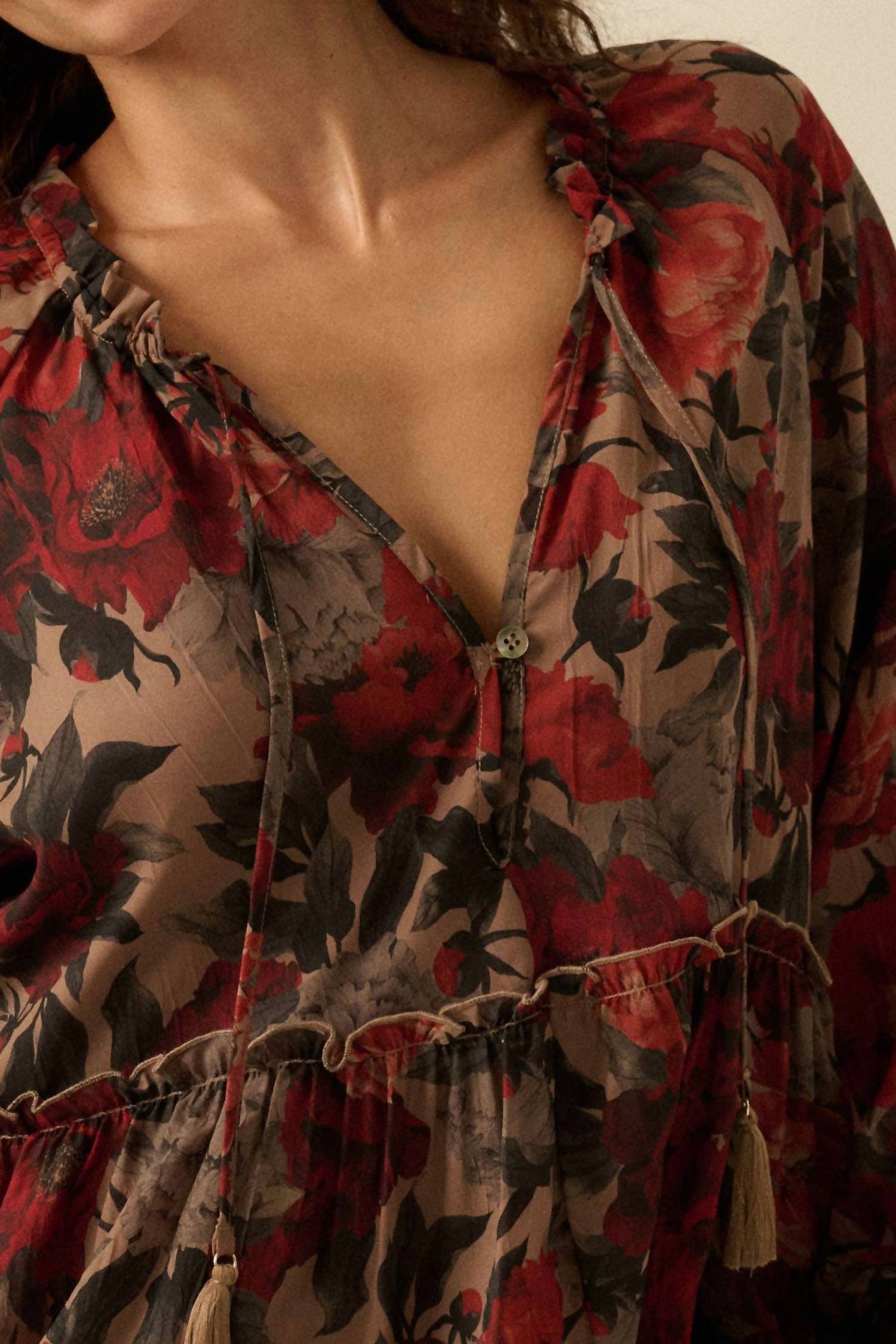 Promesa - Floral-print Tiered Ruffle Long-sleeve Midi Dress
