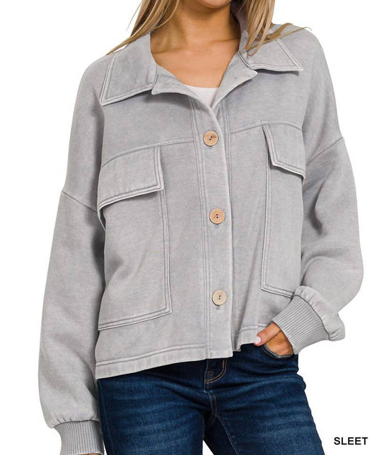 Zenana - Acid Wash Fleece Cropped Shacket With Front Pockets