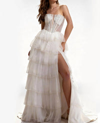 Jovani - Tiered Ruffle Skirt Lace-up Strapless Dress