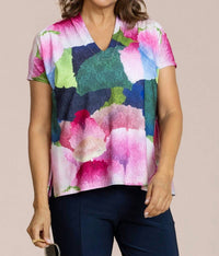 Sympli Deep V Short Sleeve Print Top in petal poetry - women's blouse