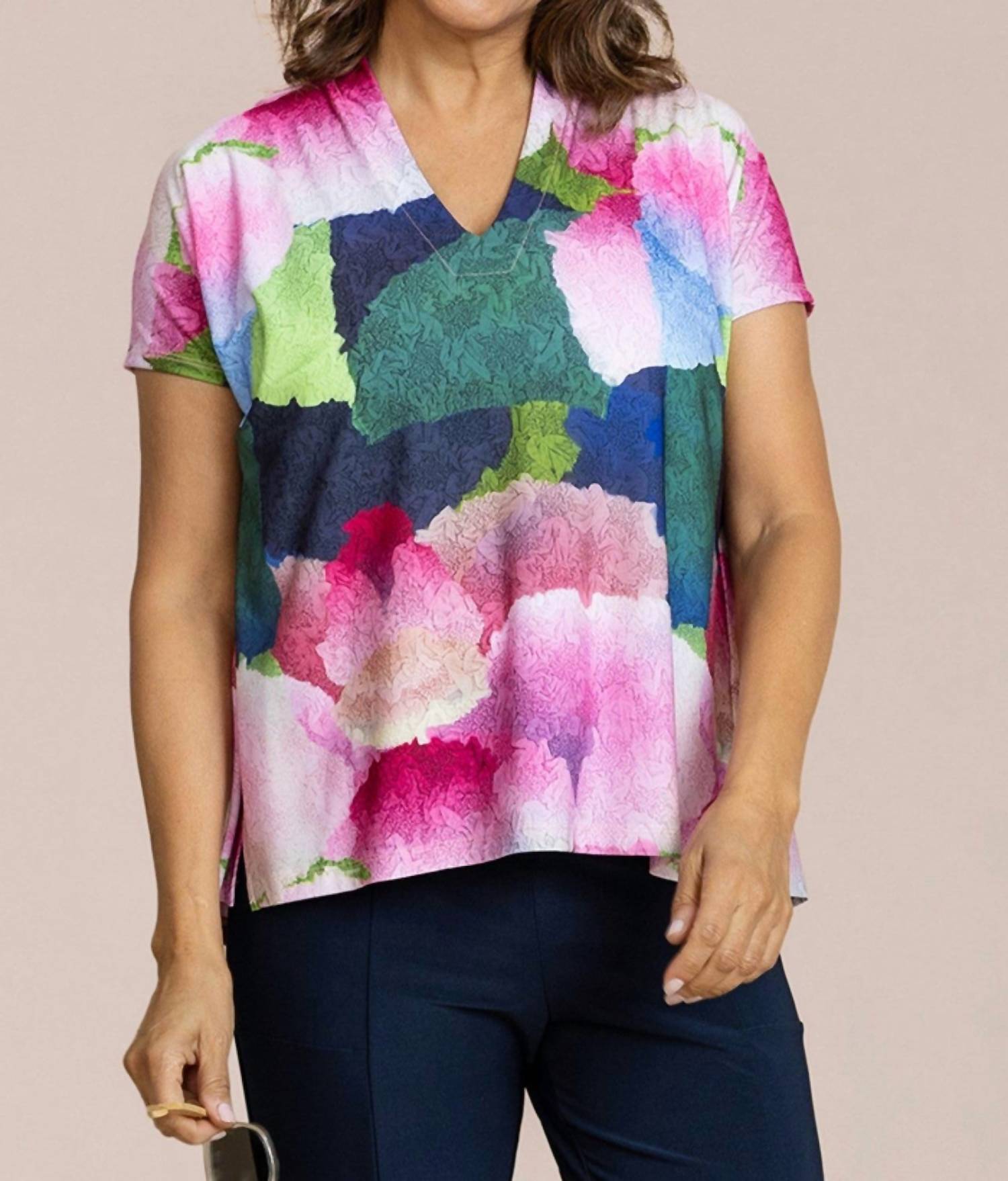 Sympli Deep V Short Sleeve Print Top in petal poetry - women's blouse