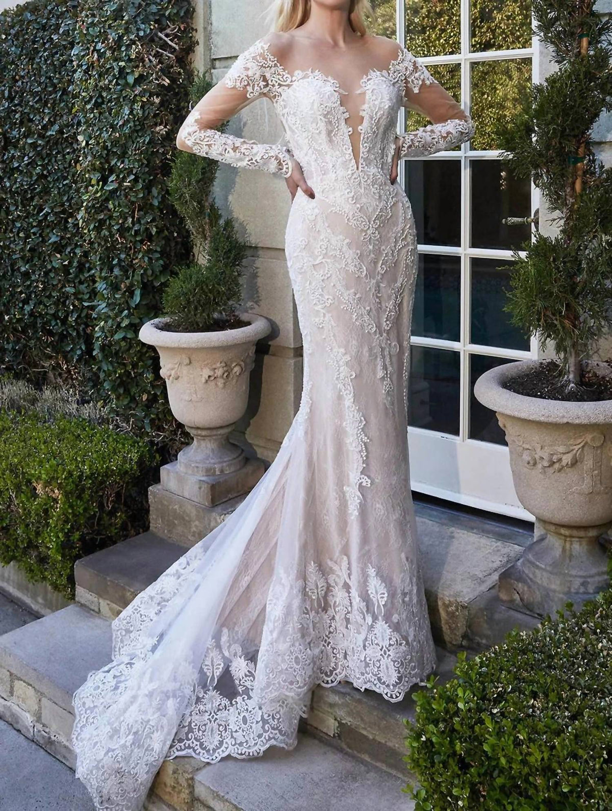 Andrea & Leo Couture - Alyce Bohemian Nude Illusion Lace Long Sleeve Wedding Dress