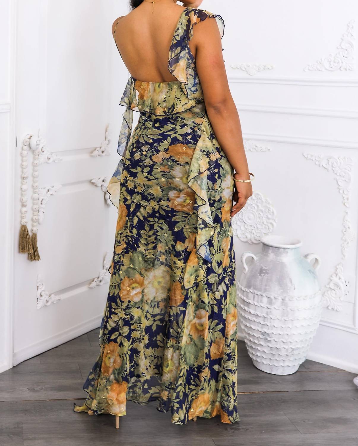 Surelymine - Floral Ruffle Maxi Dress with Slit