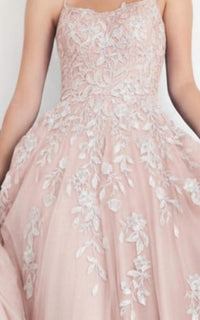JOVANI Spaghetti Strap Embroidered Prom Gown in blush - women's dress - detail view