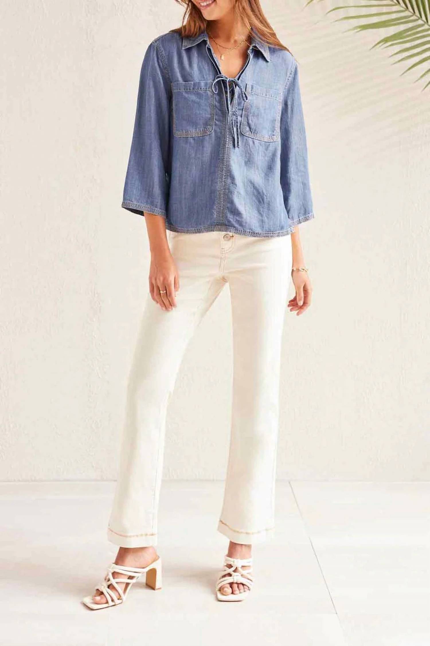 Tribal - Elbow Sleeve Blouse With Lace Up Front