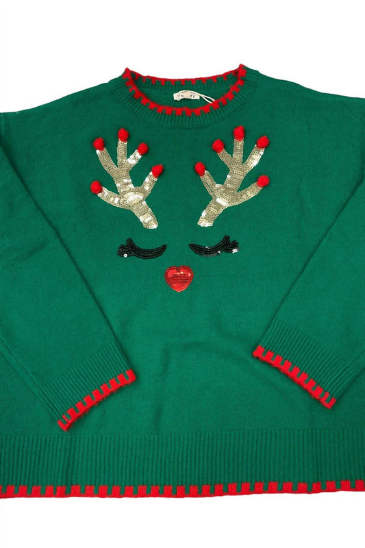 Jodifl - Women's Sequin Reindeer With Pom Poms Sweater