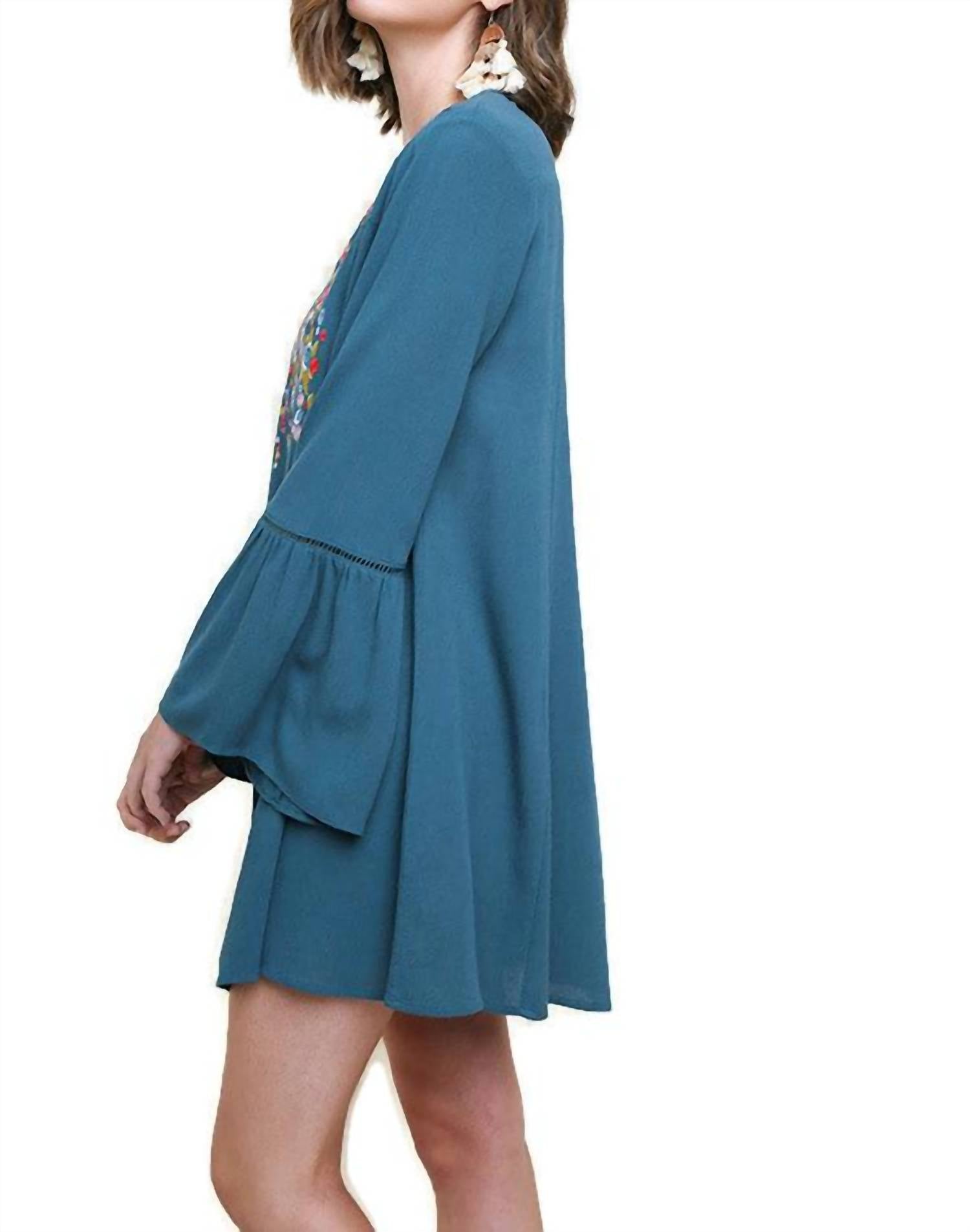 Umgee - Floral Embroidered Bell Sleeve Mini Dress