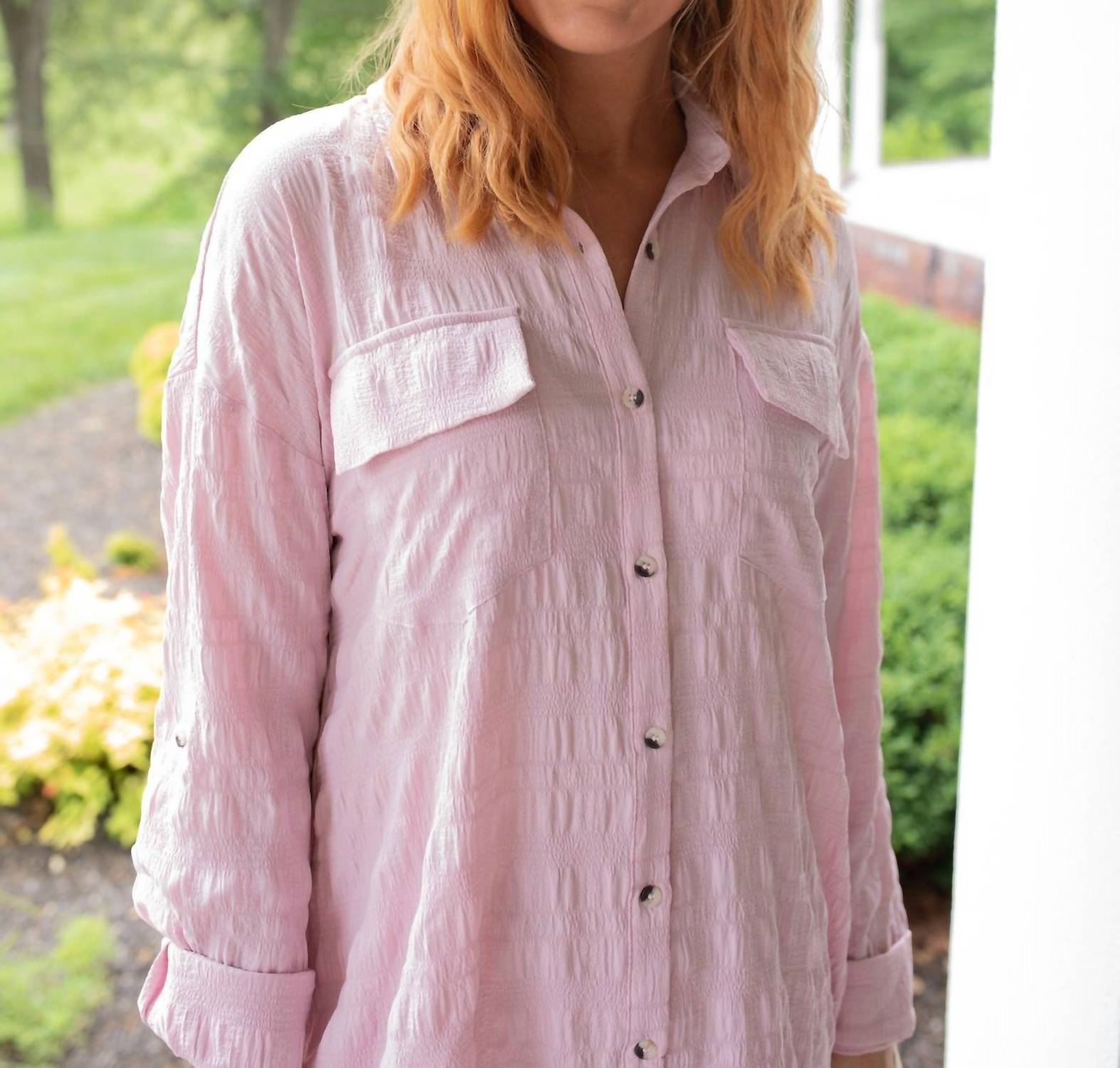 mystree Textured Button Down Shirt Mini Dress in pink - women's dress - view 4