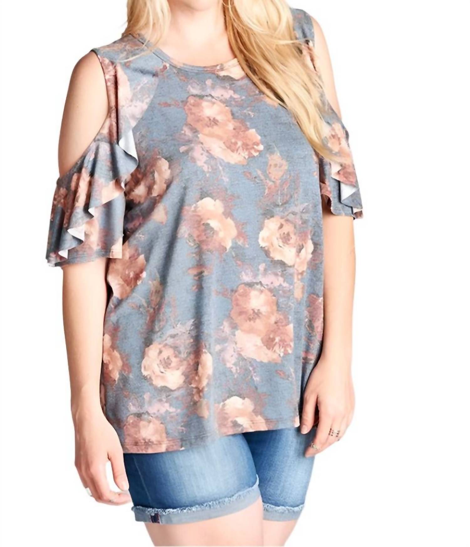 Oddi - Washed Floral Cold Shoulder Top