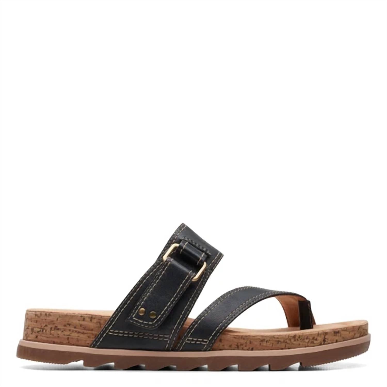 Clarks Women's Yacht Beach Sandal in black leather - women's sandal - detail view